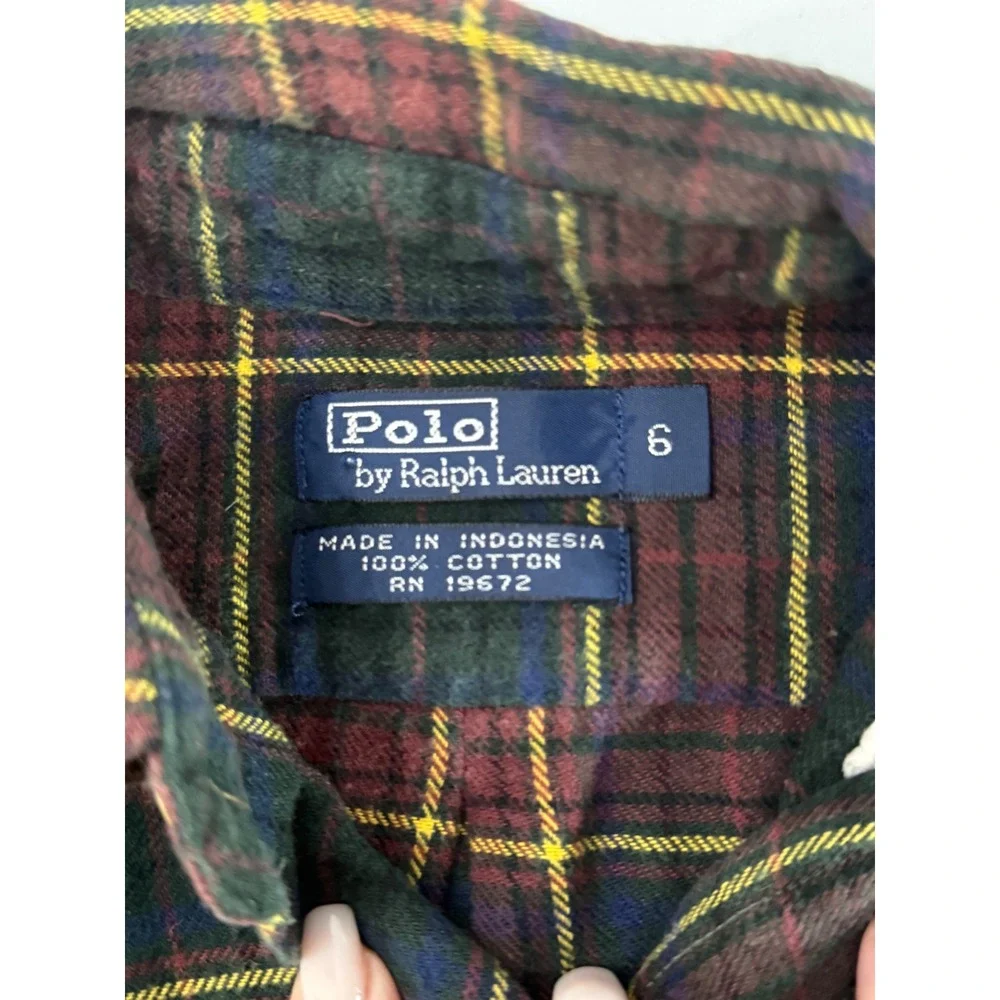 Ralph Lauren Boys SZ 6 Preppy Plaid Flannel Burgundy Blue Green Yellow Pony Logo